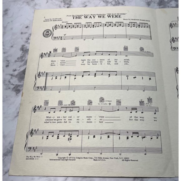 The Way We Were Barbra Streisand Vintage Piano Sheet Music 1973 Marvin Hamlisch - Picture 2 of 4